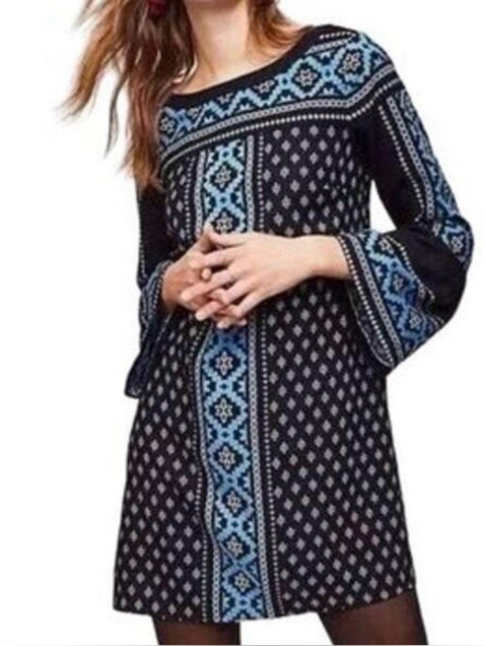 LOFT Women's Blue Geometric Print Bell Sleeve Shift Mini Dress
